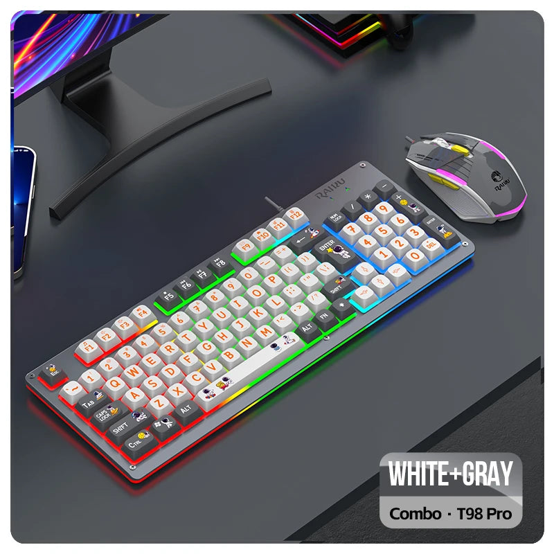 Mecha Style Gaming Wired Keyboard Mouse Set Rainbow Glow Backlit 98 Keys Metal Panel Laptop Desktop