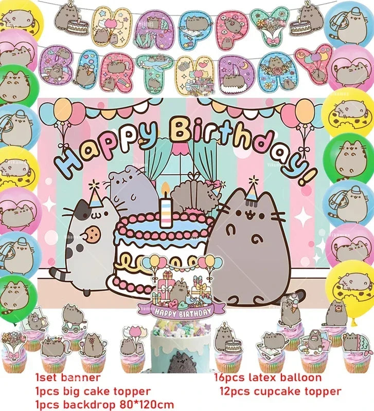 The Pusheen Cat Balloons Birthday Decoration Party Supplies Cartoon Grey Pet Fat Cat Theme Banner Backdrop Cake Topper Sticker