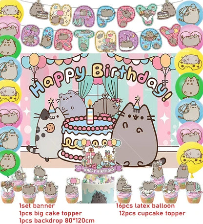 The Pusheen Cat Balloons Birthday Decoration Party Supplies Cartoon Grey Pet Fat Cat Theme Banner Backdrop Cake Topper Sticker