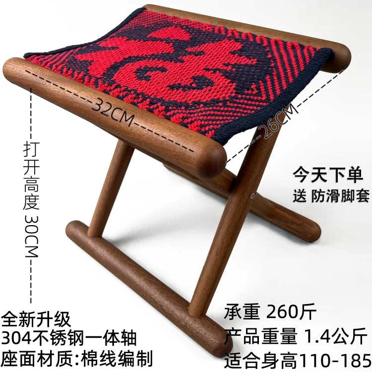 Portable Folding Stool for Outdoor Camping Lightweight Wooden Seat with Cotton Woven Top Home Travel Compact Folding Bench