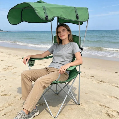 Portable Folding Camping Chair With Adjustable Sun Canopy, Heavy Duty Beach Lawn Chair With Cup Holder Side Pocket, Lightweight Foldable Outdoor Chair For Fishing Picnic Poolside Travel Garden