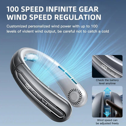 8000mAh USB Hanging Neck Fan, Portable Bladeless Mini Rechargeable Mute LED Digital Display Electric Air Cooler Handheld