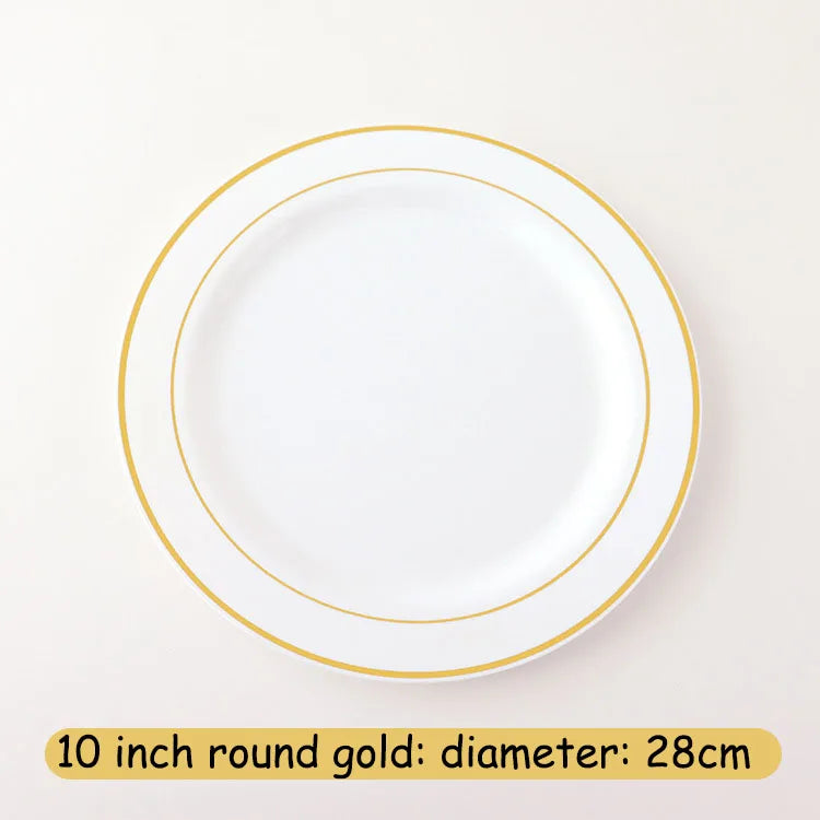 New Multi piece Set - Gold Platter Set, Plastic Tableware, Gold Edge Plate, Knife, Fork, Spoon, Party Wedding Set, Dessert Plate