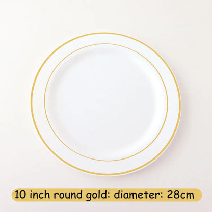 New Multi piece Set - Gold Platter Set, Plastic Tableware, Gold Edge Plate, Knife, Fork, Spoon, Party Wedding Set, Dessert Plate