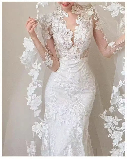 Customized Romantic Appliques Mermaid Wedding Dress Long Sleeves V-neck Backless Bridal Dresses Wedding Party Dress No veil
