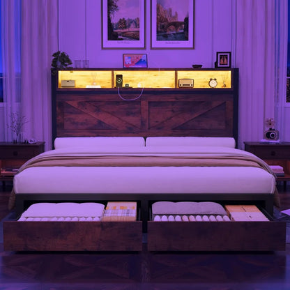 Farmhouse Queen Bed Frame & Bookcase Headboard,Charging Station & LED Light,2 Storage Drawers,Platform,Bedroom,Queen, Custom