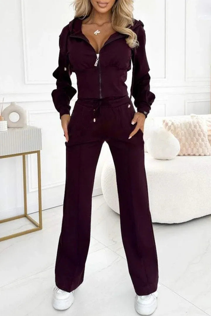 Autumn Casual Solid Sportswear Women Set Fashion Zipper Hooded Sweatshirts Coat & Lace-up Pants Tracksuit New Winter Suit