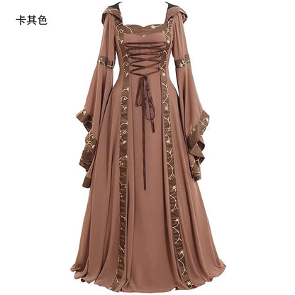 Women Medieval Floor Length Dress Cosplay Costumes Long Bell Sleeve Lace-Up Princess Long Dress Retro Gothic Dress Plus Size 5XL