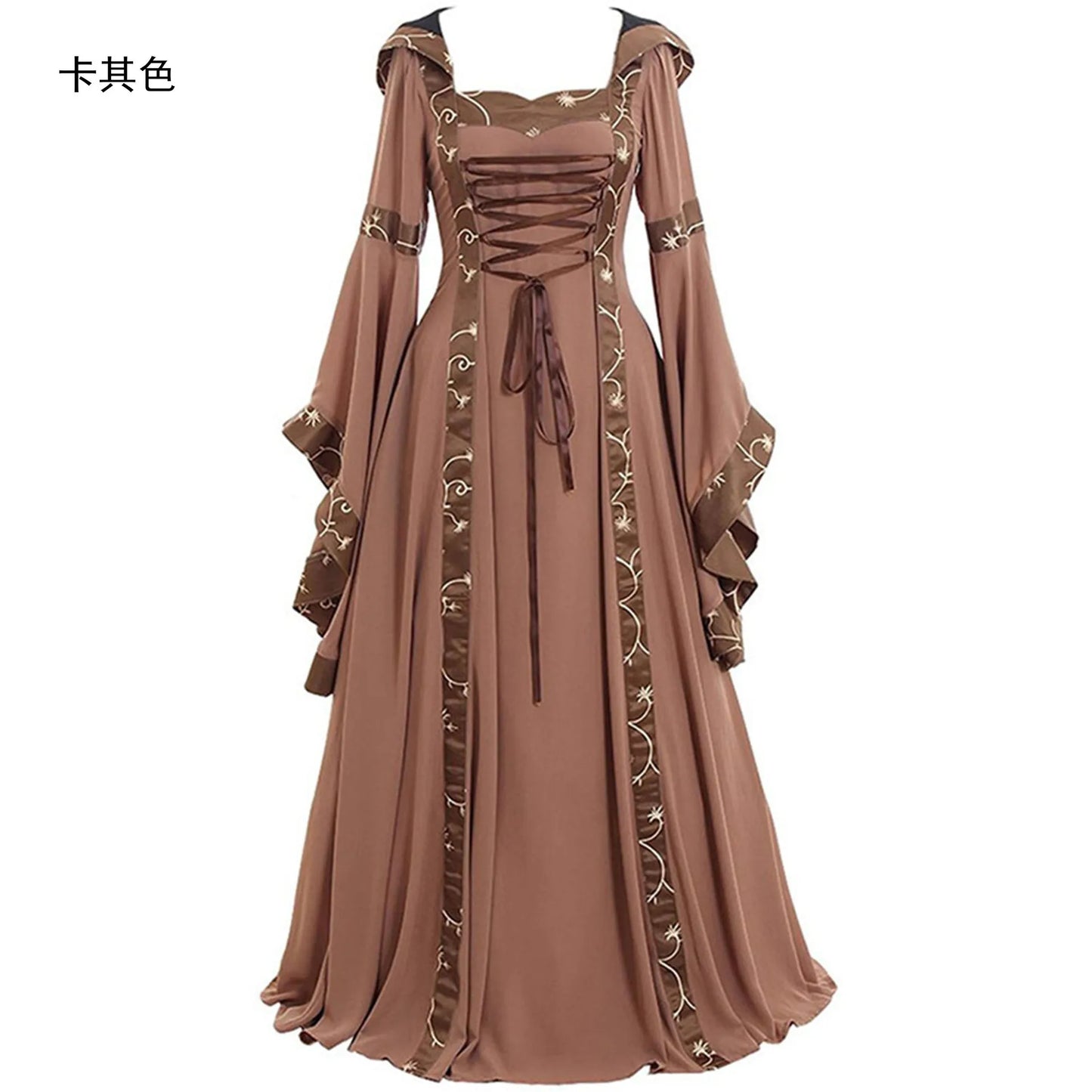 Women Medieval Floor Length Dress Cosplay Costumes Long Bell Sleeve Lace-Up Princess Long Dress Retro Gothic Dress Plus Size 5XL