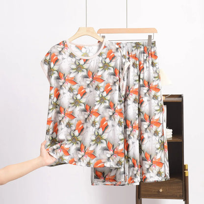 XL to 6XL Plus size Summer Pajamas set short sleeve Tshirt and Capri Pants Floral Print Loose homewear suits comfort sleepwear