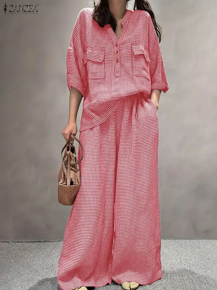 Women Pants Sets ZANZEA Fashion Summer 2 Piece Sets Plaid Outfits Casual Half Sleeve Blouse Wide Leg Trousers Street Tracksuit