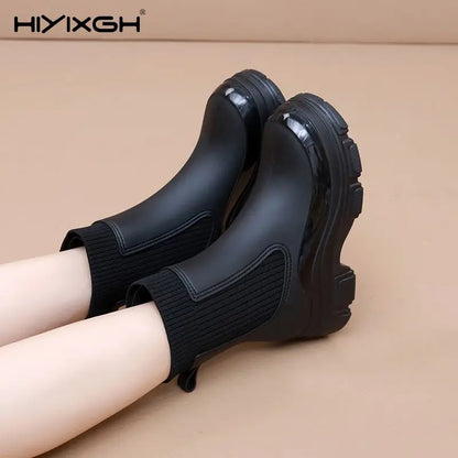 Women’s All-Season Black Durable Work Rain Boots, Waterproof Anti-Slip Platform Sole, Korean-Style Outdoor Fashion Boots