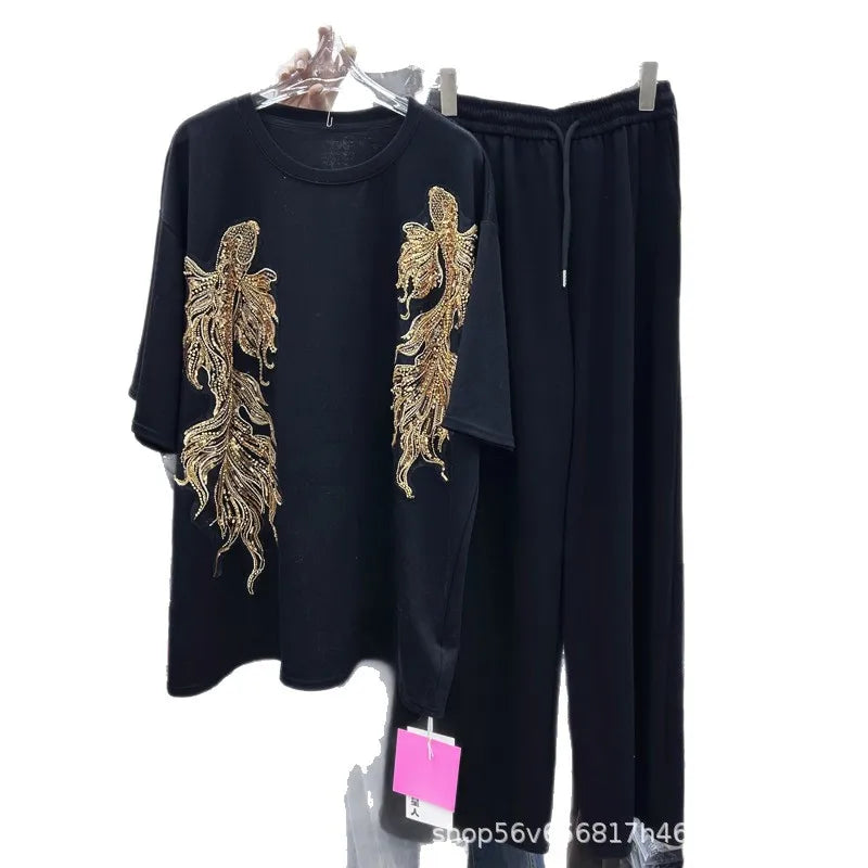 New Spring Summer Women Two-piece Set Sequins Embroidery Loose Short Sleeve T-shirt Top + Elastic Waist Straight Casual Pants