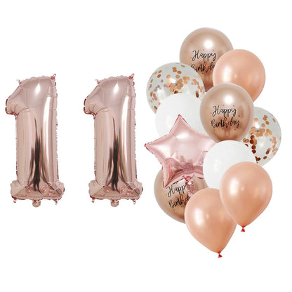 13 Pcs Rose Gold Mixed Balloons 32 Inch Foil Number Ball 10 11 12 13 14 15 Years Old Girls Birthday Party Decorations Supplies