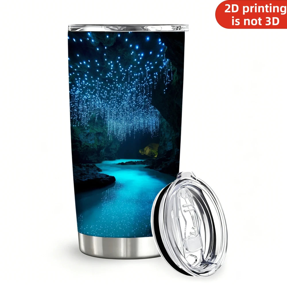 20oz Glowworm Cave Printed Stainless Steel Tumbler with Lid and Straw, Bioluminescent Underground River Blue Glow Landscape Vacuum Insulated Travel Coffee Mug Gifts for Nature Lovers