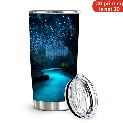 20oz Glowworm Cave Printed Stainless Steel Tumbler with Lid and Straw, Bioluminescent Underground River Blue Glow Landscape Vacuum Insulated Travel Coffee Mug Gifts for Nature Lovers
