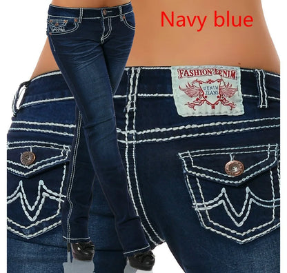 2026 Spring Summer Women's Embroidered Denim Jeans Pants High Waist Straight Trousers Slim Fit Bottoms