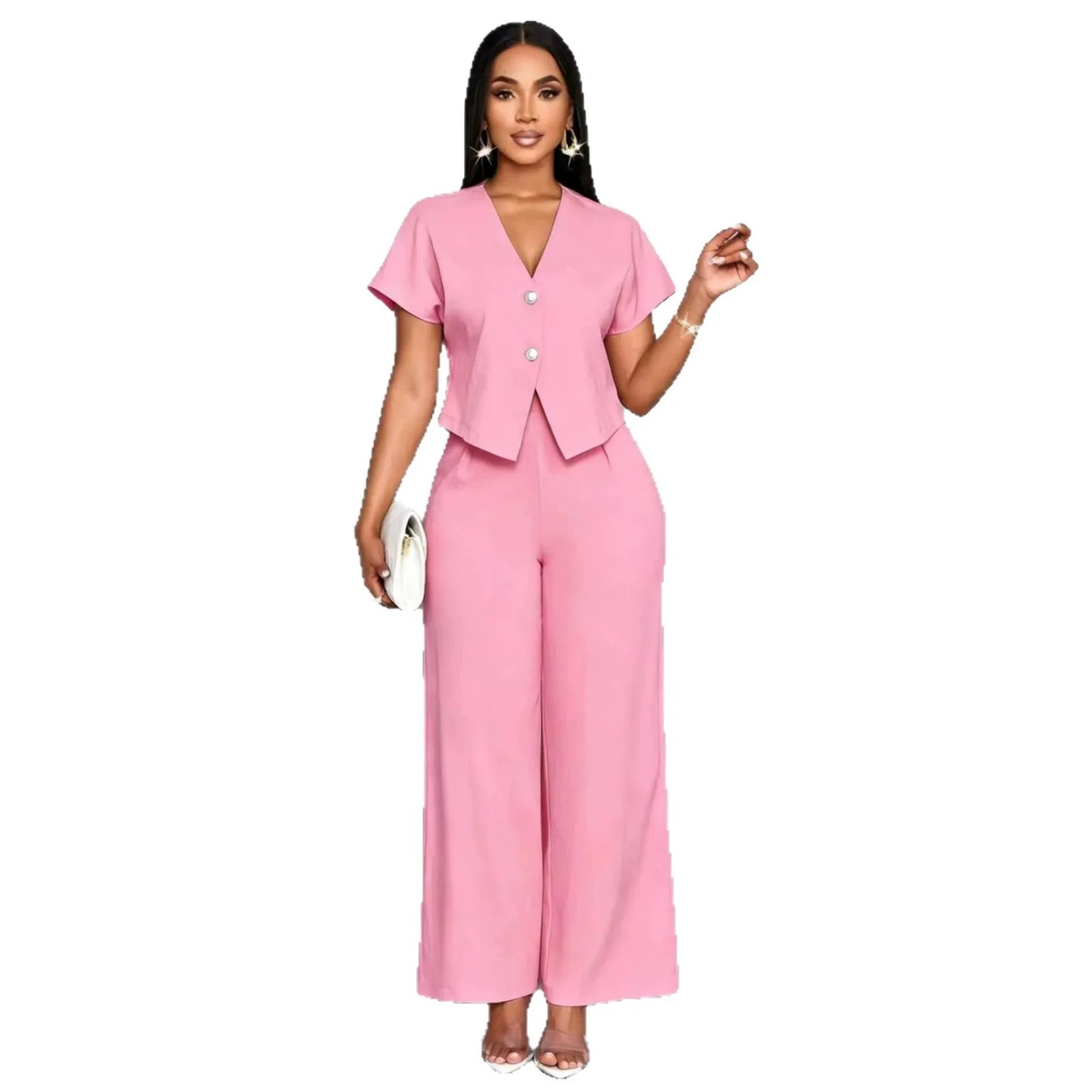 Summer Elegant 2 Piece Suit For Women V Neck Short Sleeve Blouse Top High Waist Wide Leg Pants Set Casual Business Office Outfit