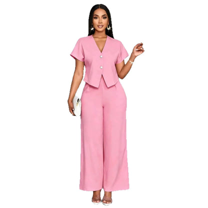 Summer Elegant 2 Piece Suit For Women V Neck Short Sleeve Blouse Top High Waist Wide Leg Pants Set Casual Business Office Outfit