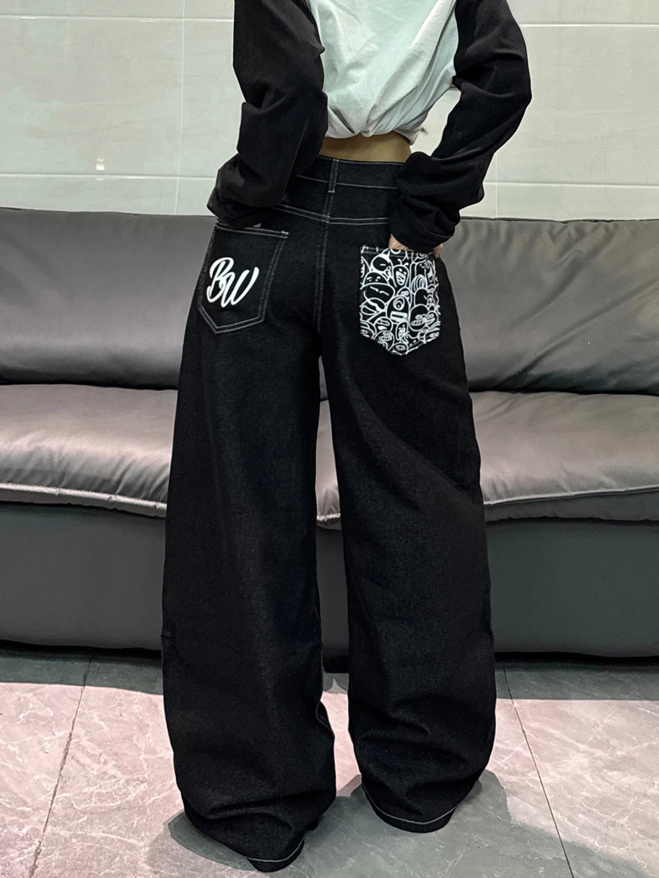 American High Street Cartoon Print Design Black Women's Loose Wide Leg Jeans Y2K Street Fashion Versatile Trousers