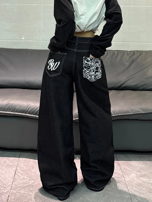 American High Street Cartoon Print Design Black Women's Loose Wide Leg Jeans Y2K Street Fashion Versatile Trousers