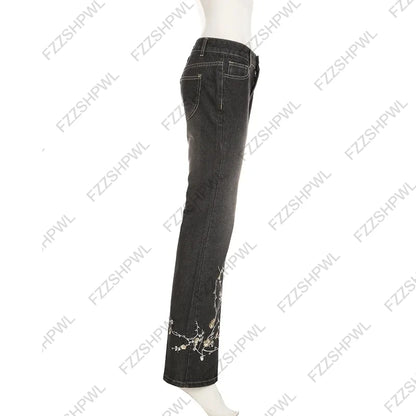 Women's Floral Embroidered Jeans Spring and Autumn Retro Low-Rise Flared Pants Loose Knit Basic Style All-match Streetwear 2000s