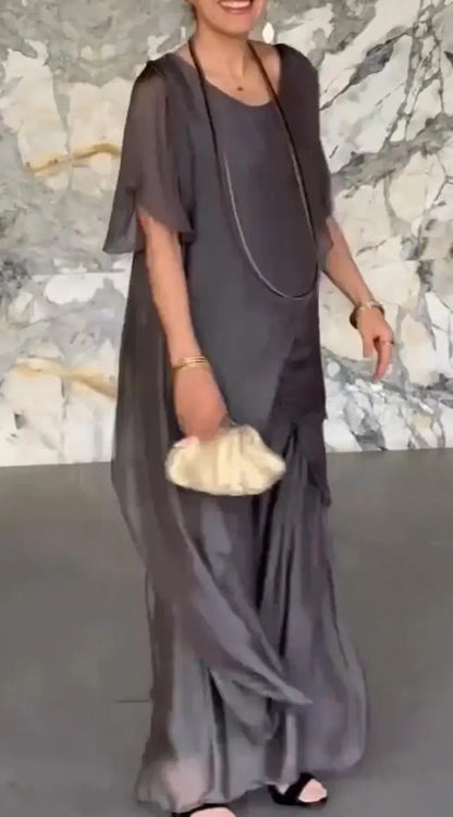 Women Summer Chiffon Pant Sets Short Sleeve Solid Irregular Splicing Long Blouse Wide-leg Pants Casual Loose Trousers Suits Robe