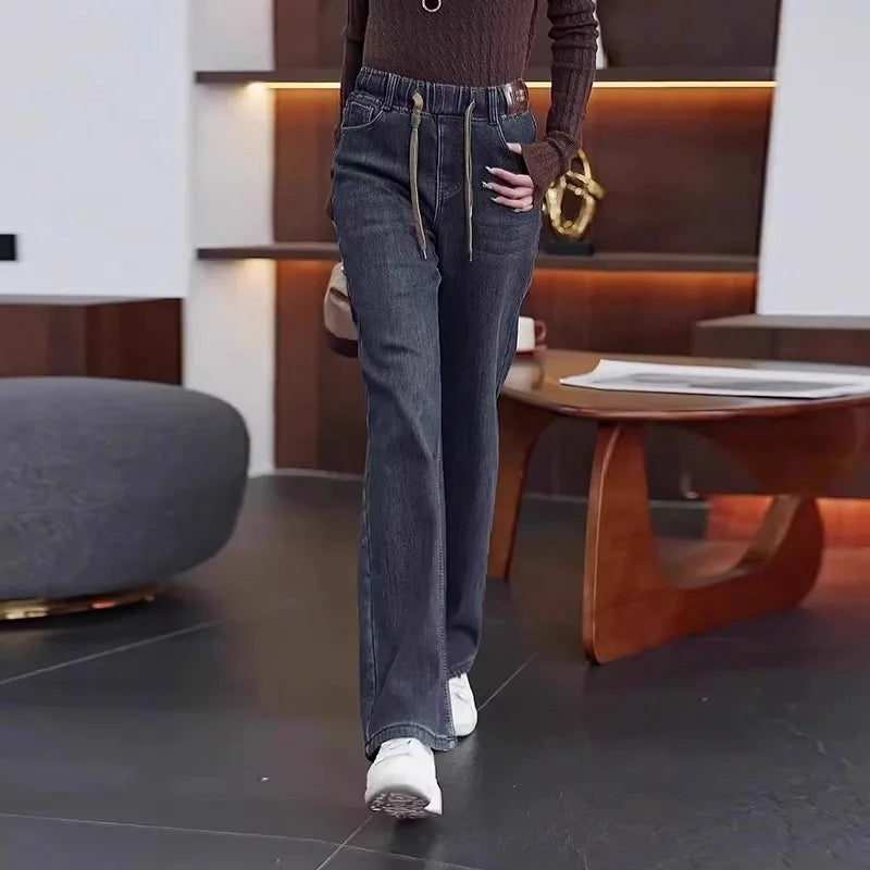 Loose Fit High Waist Wide Leg Jeans Women plus Size Light Blue Elastic Waist Dstring Trousers Autumn Faion plus Size