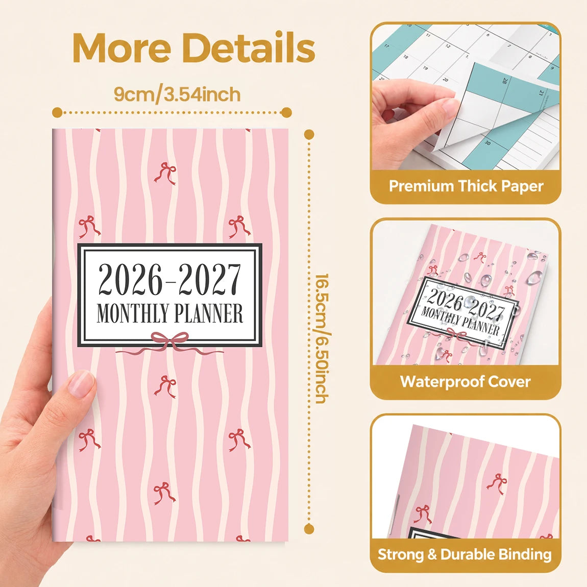 1PC A6 2026-2027 Monthly Planner Notebook, July 2026-June 2027, Pink Bow Soft Cover, Monthly View with Notes