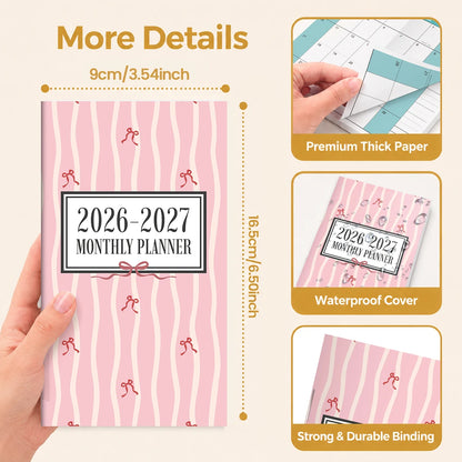 1PC A6 2026-2027 Monthly Planner Notebook, July 2026-June 2027, Pink Bow Soft Cover, Monthly View with Notes