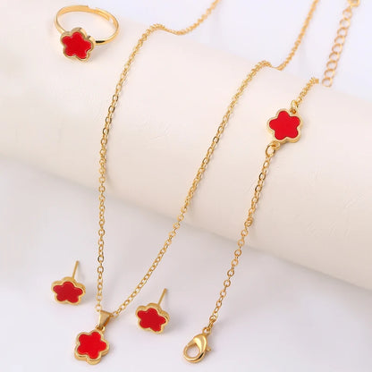 Four-Leaf Clover Five-Piece Jewelry Set, Black Gold Light Luxury Necklace, Earrings, Bracelet, Ring Set, Fashionable and Elegant Women's Jewelry, Popular Accessories