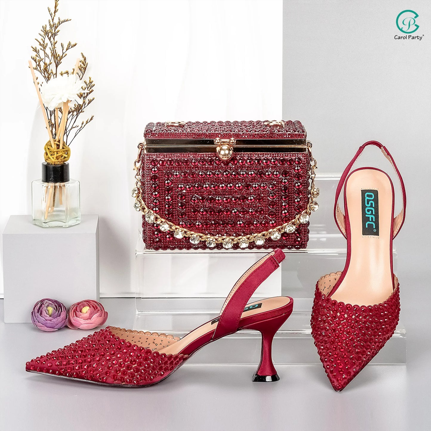 New Wine Red High Heels Shoes And Bag Dotted Crystal Wedding Party Spring, Summer, and Autumn Fashion Women's Noble Sandals