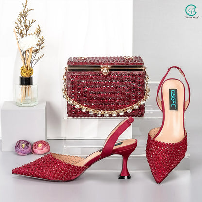 New Wine Red High Heels Shoes And Bag Dotted Crystal Wedding Party Spring, Summer, and Autumn Fashion Women's Noble Sandals