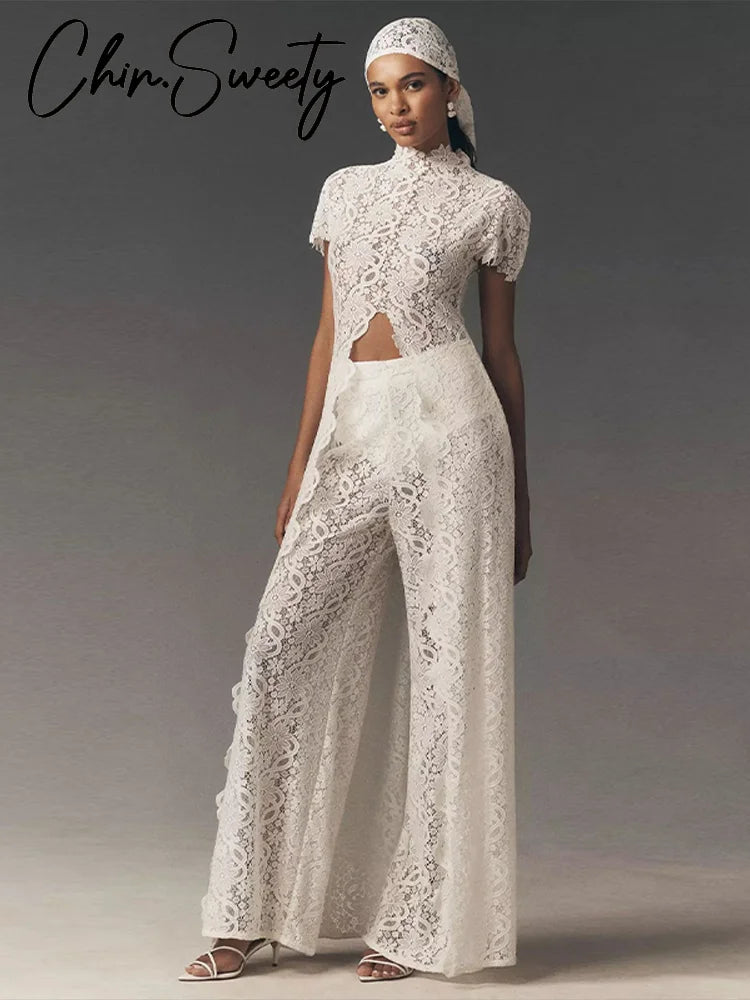 Fashion Lace Solid Women's Shirt Pant Set See Through Short Sleeve Long Tops Straight Trousers 2026 Summer Chic Female Suits