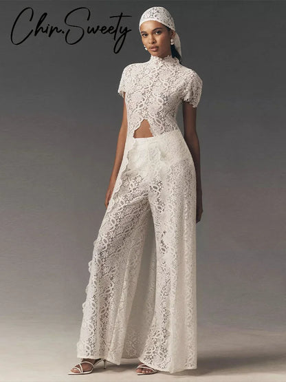 Fashion Lace Solid Women's Shirt Pant Set See Through Short Sleeve Long Tops Straight Trousers 2026 Summer Chic Female Suits