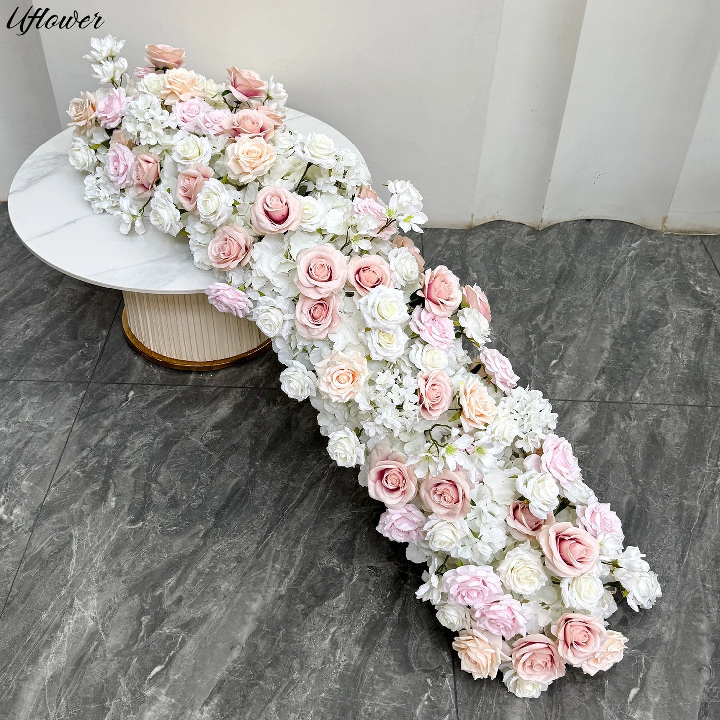 Uflower 2m Luxury Artificial Flowers Wedding Backdrop Table Long Runner Flower Row Floral Backdrop Arrangement Wall Arch Decor