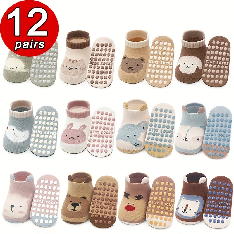 12 Pairs of Boys and Girls' Anti Slip Socks with Cute Cartoon Animal Patterns, Comfortable and Breathable Baby Floor Socks