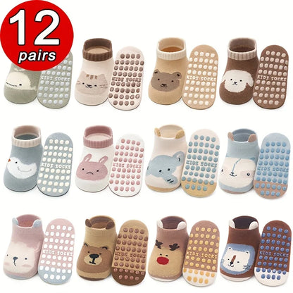 12 Pairs of Boys and Girls' Anti Slip Socks with Cute Cartoon Animal Patterns, Comfortable and Breathable Baby Floor Socks