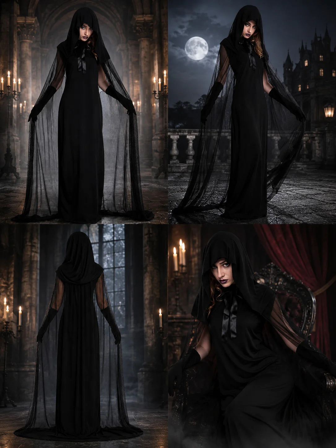Hooded Sheer Mesh Cape Witch Costume for Women Sleeveless Black Long Maxi Robe with Long Gloves Halloween Ghost Vampire Cosplay Dark Spirit Carnival Fancy Dress Party Outfit