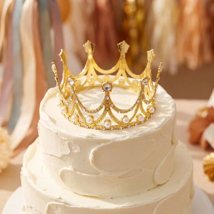 Gold Rhinestone Crown Cake Topper Pearl Tiara Baby Shower Wedding Birthday Party Cake Decorations