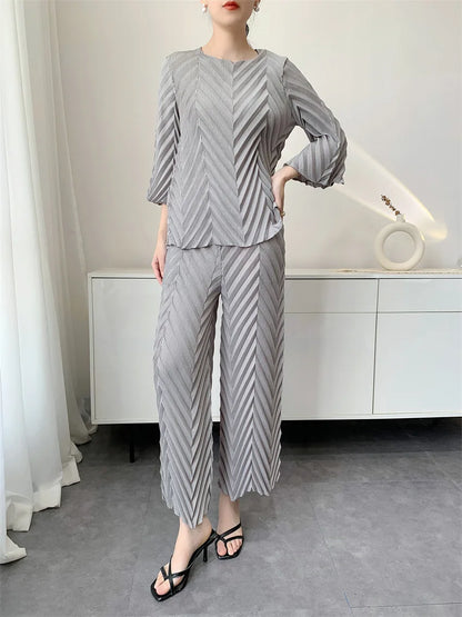 2026 Spring New Women Handmade Pleated Pants Set Comfortable Casual Seven Sleeve T-Shirt Top Loose Wide Leg Pants 2 Piece Set