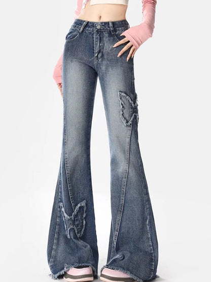 Y2K Streetwear Bootcut Jeans Women Vintage Butterfly Tassel Casual Denim Pants Female Harajuku Spring Summer High Waist Trouser