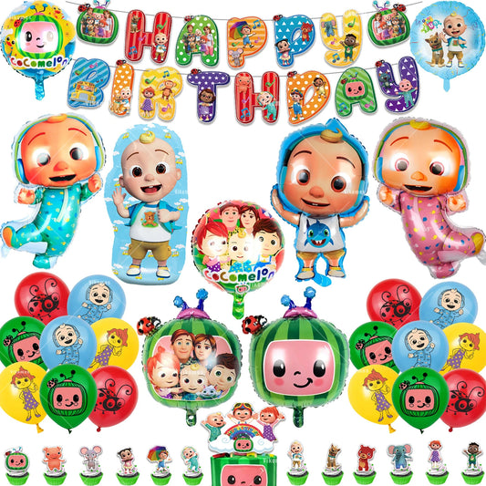 Cocomelon Balloon JJ Melon Watermelon Toy Happy Birthday Banner Party Decoration Backdrop Cake Topper JOJO Disposable Tableware