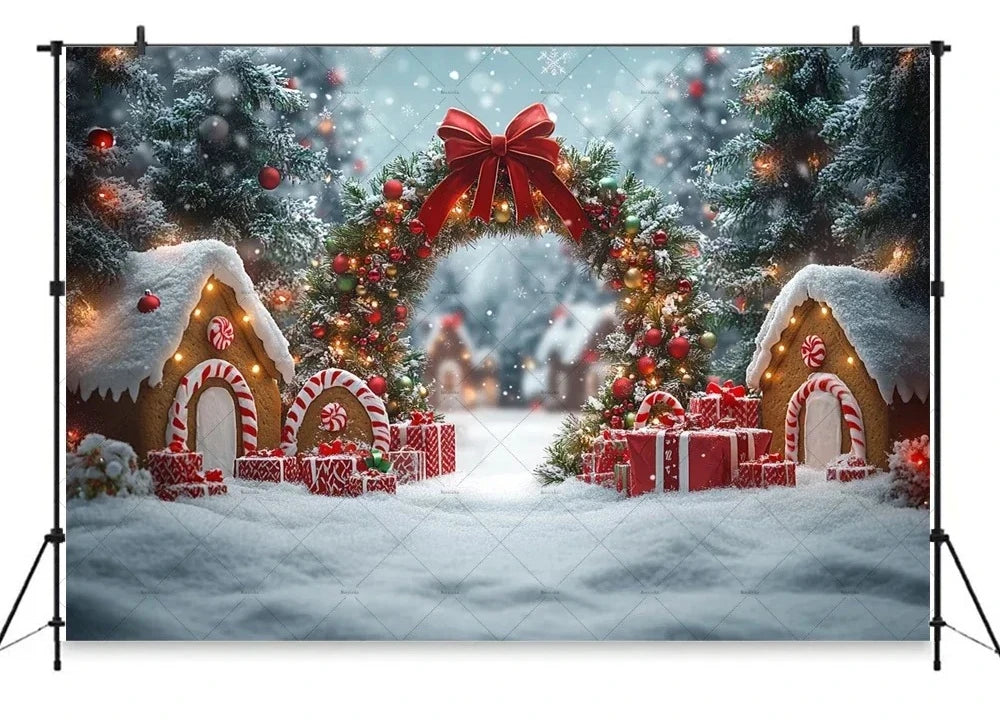 Christmas Gingerbread House Candy Vine Arch Theme Banner Background, Birthday Party, Home Decoration Photography Backdrop Cloth