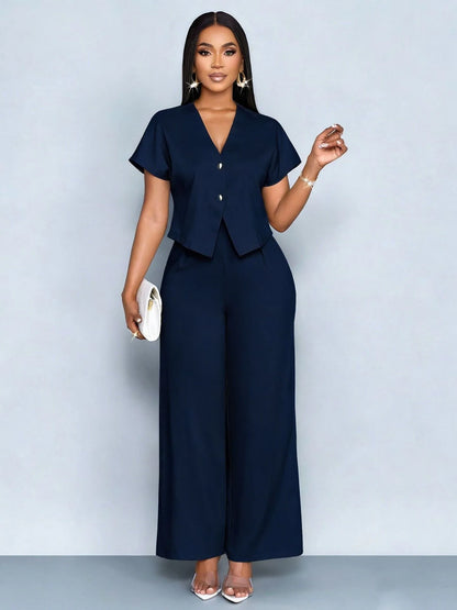 Summer Elegant 2 Piece Suit For Women V Neck Short Sleeve Blouse Top High Waist Wide Leg Pants Set Casual Business Office Outfit