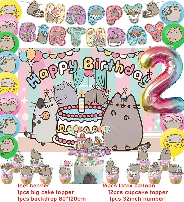 The Pusheen Cat Balloons Birthday Decoration Party Supplies Cartoon Grey Pet Fat Cat Theme Banner Backdrop Cake Topper Sticker
