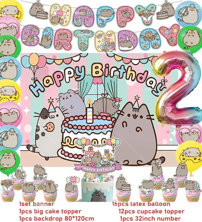 The Pusheen Cat Balloons Birthday Decoration Party Supplies Cartoon Grey Pet Fat Cat Theme Banner Backdrop Cake Topper Sticker