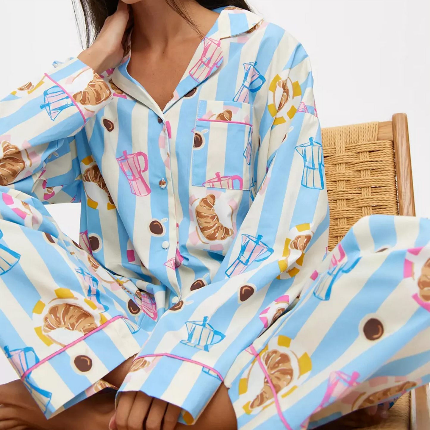 Hirigin Women's 2 Piece Lounge Set Fashion Long Sleeve Pattern Print Shirt Wide Leg Pants Sleepwear Sets for Winter Fall
