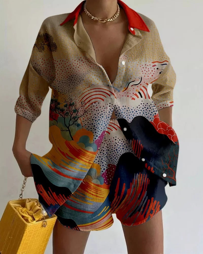 Summer Fashion Print Beach Holiday 2-Piece Set Women Long Sleeve Shirt Top+Wide Legs Short Women Oversized Two-Piece Outfit