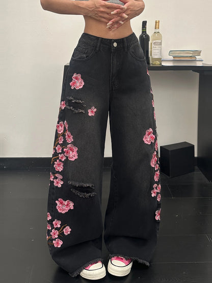 Women's European And American Style Floral Embroidered Black Loose Wide-Leg Jeans, Street Trend, Fashionable And Versatile, Soft And Comfortable High-Waisted Straight Trousers